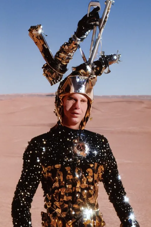 Prompt: portrait davis taylor brown dressed in 1 9 8 1 space fantasy fashion, heavy metal, shiny metal, standing in a desert