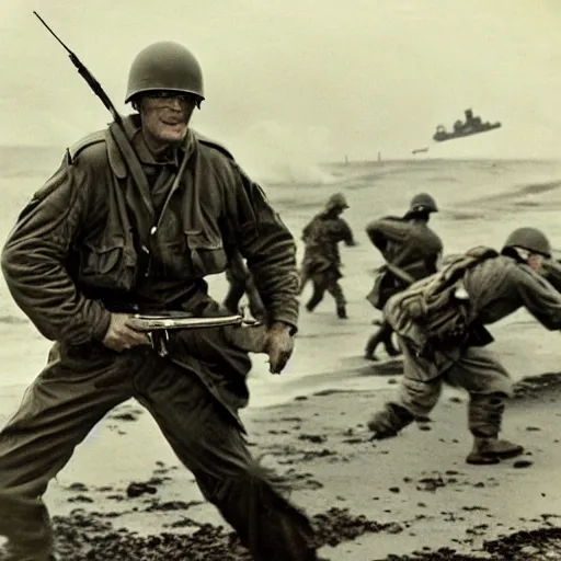 Image similar to Hank Hill storming Omaha Beach, epic, WWII, 1940s photo, cinematic, highly detailed, gritty, combat, sharp focus, closeup