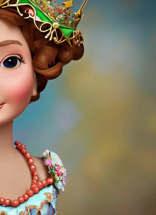 Image similar to closeup face profile portrait of tin toy felicity kendal as a fairytale princess wearing a crown eating cakes, bikini, depth of field, zeiss lens, detailed, symmetrical, centered, fashion photoshoot, by nicoletta ceccoli, mark ryden, lostfish, breathtaking, 8 k resolution, extremely detailed, beautiful, establishing shot, artistic, hyperrealistic, octane render