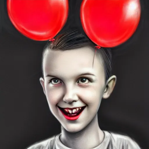 Prompt: surrealism grunge cartoon portrait sketch of millie bobby brown with a wide smile and a red balloon by - michael karcz, loony toons style, horror theme, detailed, elegant, intricate