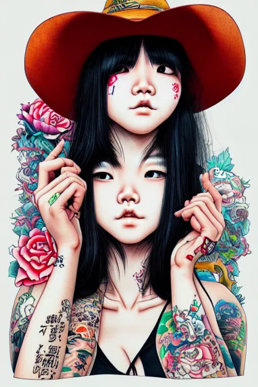 Image similar to full view of taiwanese girl with tattoos wearing cowboy hat, style of yoshii chie and hikari shimoda and martine johanna, highly detailed