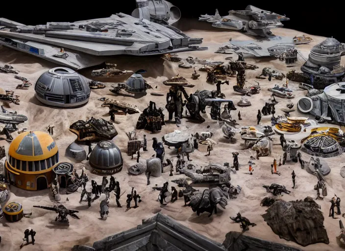 Image similar to a photo of a epic grand scale diorama of star wars figures and vehicles and buildings, canon, macro photography, tilt - shift photography