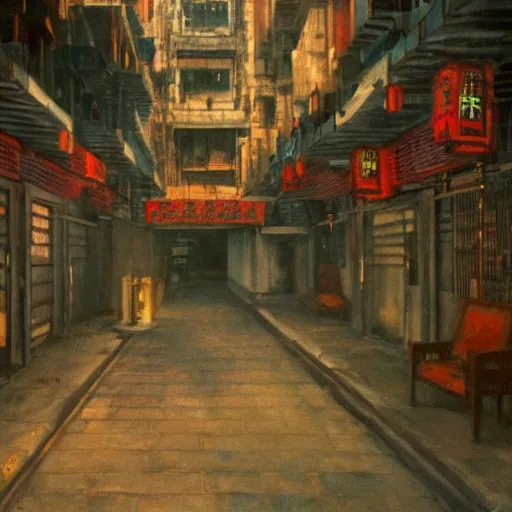 Image similar to Hopper painting of Kowloon Walled City at dusk, looking down canyon-like alley with 5 floors of ramshackle apartments and business on all sides, to the right some light is coming from a ground-floor cafe, where people are drinking tea and talking