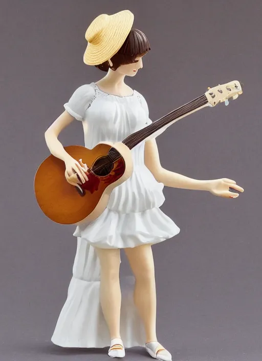 Image similar to Fine Image on the store website, eBay, Full body, 80mm resin figure of a cute girl in straw hat and white dress playing guitar, environmental light from the front