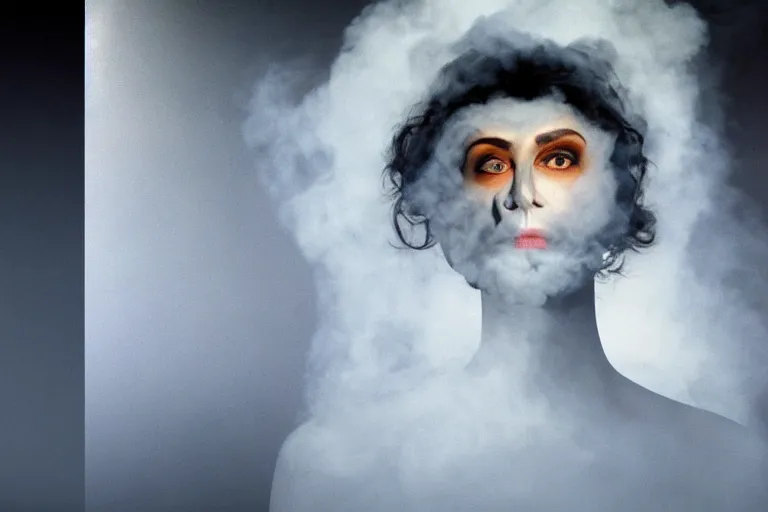 Prompt: a woman's face made out of smoke, surreal, magritte, expression, slow, sunset