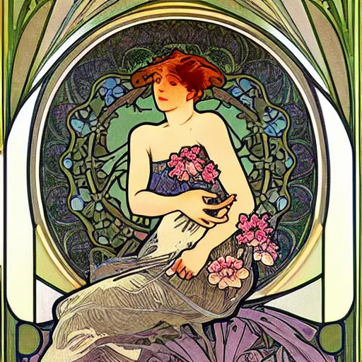 Prompt: beautiful, art nouveau advertisement, in the style of Alphonse Mucha, center is bust of white short haired cat surrounded by flowers