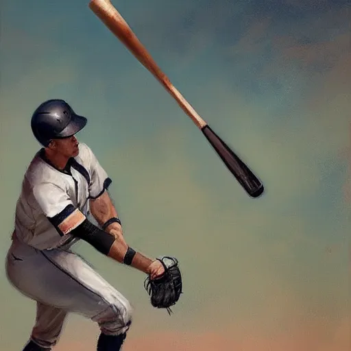 Image similar to baseball player hitting the ball with the baseball bat in the middle of the game and in front of everyone in the stadium, james gurney painting style, greg rutkowski, artstation