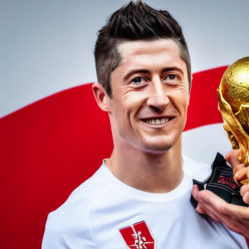 Image similar to portrait of Robert Lewandowski in polish national team t shirt holding World Cup trophy, 4k, hq, high details, natural light, perfect quality, professional photography, award winning photo, a lot of details, perfect face