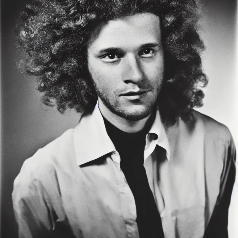 Prompt: portrait of a man, 70's decade, long curly hair, top lighting, darkroom