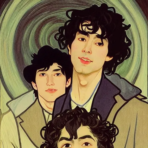 Image similar to painting of young cute handsome beautiful dark medium wavy hair man in his 2 0 s named shadow taehyung and cute handsome beautiful min - jun together at the halloween! party, bubbling cauldron!, candles!, smoke, autumn! colors, elegant, wearing suits!, clothes!, delicate facial features, art by alphonse mucha, vincent van gogh, egon schiele