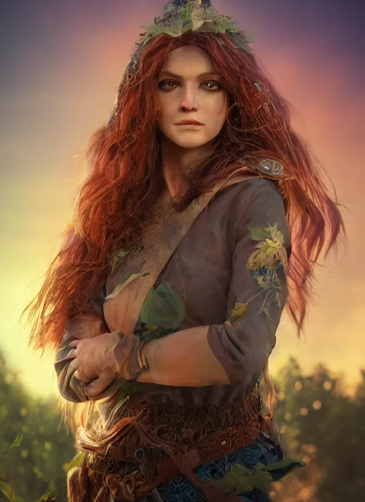 Prompt: beautiful portrait of female Robin Hood, orange flowing hair, magical, forest, sunset, blue mist, symmetrical face, large eyes, pale, freckles, hyper realistic, digital art, octane render, trending on artstation, artstationHD, artstationHQ, unreal engine, 4k, 8k