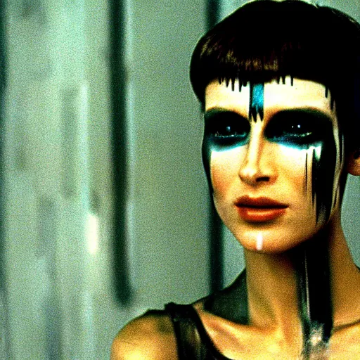 Image similar to cinematic portrait of a runaway replicant with tribal facepaint in an empty room, still from the movie bladerunner