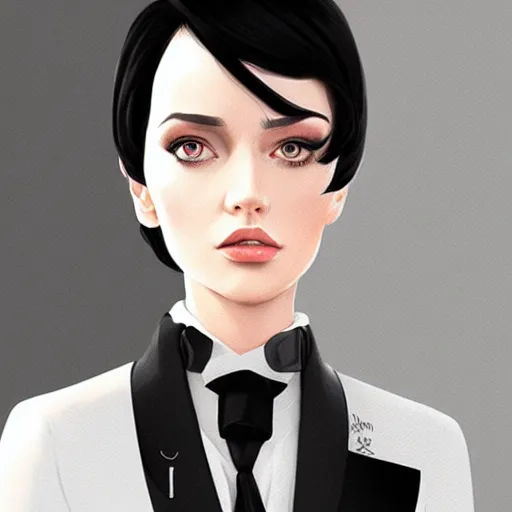 Image similar to slim girl in tuxedo with short black hair, elegant, 2d, ultra highly detailed, digital painting, smooth, sharp focus, artstation, art by Ilya Kuvshinov