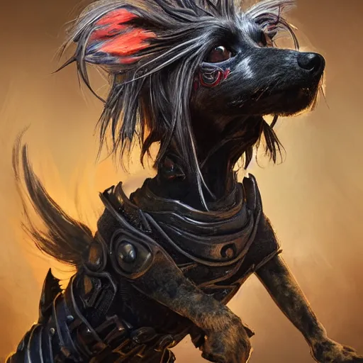 Image similar to Chinese crested powderpuff dog, battle armour, Anthropomorphized, casting epic spell, magic the gathering artwork, D&D, fantasy, cinematic lighting, centered, symmetrical, highly detailed, digital painting, artstation, concept art, smooth, sharp focus, illustration, volumetric lighting, epic Composition, 8k, art by Akihiko Yoshida and Greg Rutkowski and Craig Mullins, heroic pose, oil painting, cgsociety, magic lab background