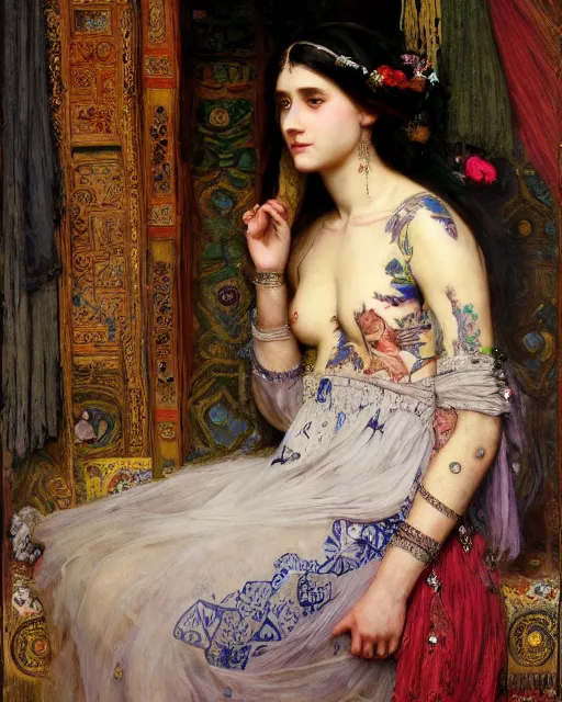 Image similar to a beautiful girl in a wedding dress with colourful tattoos surrounded by colourful flowers orientalist intricate portrait by john william waterhouse and edwin longsden long and theodore ralli and nasreddine dinet, oil on canvas. cinematic, hyper realism, dramatic lighting, high detail 8 k