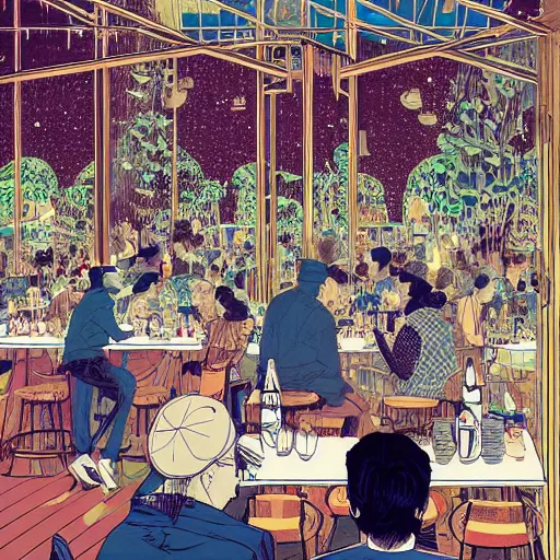 Prompt: eating or drinking on the terrace of a french restaurant, bar, or cafe, happiness, busy, by victo ngai by james jean, by rossdraws, frank franzzeta, mcbess