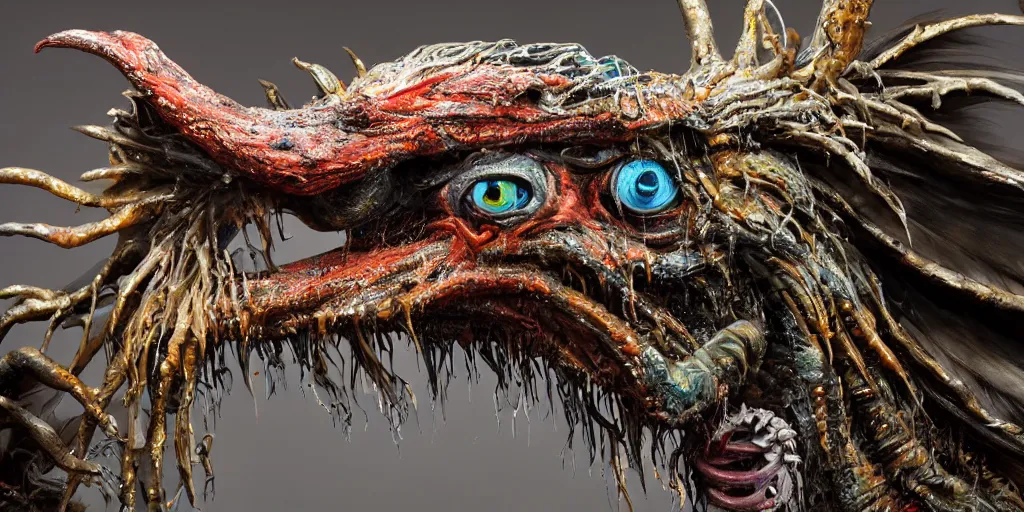 Image similar to photo taken of an epic intricate, ultra detailed, super realistic gritty, hero prop, exquisitely painted animatronic movie prop of a wet slimy grotesque nightmarish hellish avian creature displayed in the workshop, created by weta workshop, full body shot, photorealistic, sharp focus