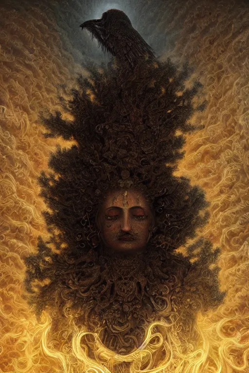 Image similar to Intricate stunning highly detailed deity by agostino arrivabene, surreal, digital painting, ultra realistic, Horror vacui, dramatic lighting, full moon, ravens, thick black swirling smoke tornado, burning fire embers, artstation