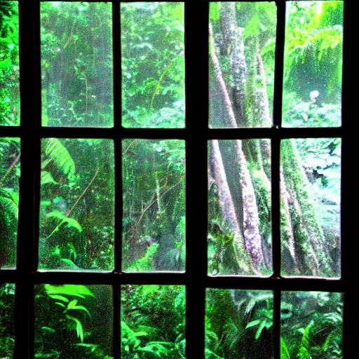 Image similar to A dslr picture with flash on of a window from in 2007, tropical rainforest outside
