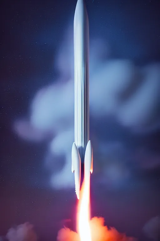 Image similar to hyperdetailed photograph of a futuristic sleek fast rocket launching and leaving huge plumes of smoke, cinematic, volumetric lighting, night