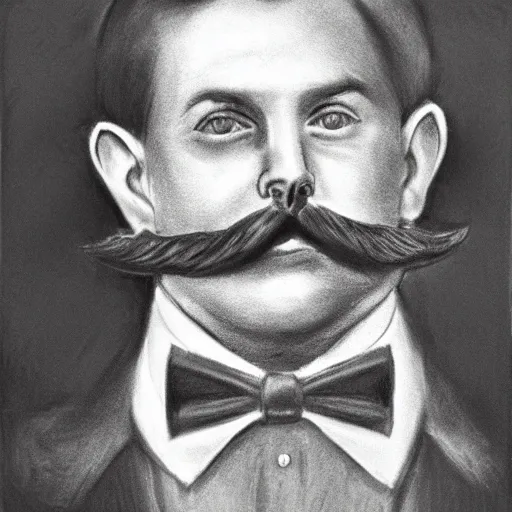 Image similar to charcoal portrait of an early 20th century occult detective mustache, bow tie