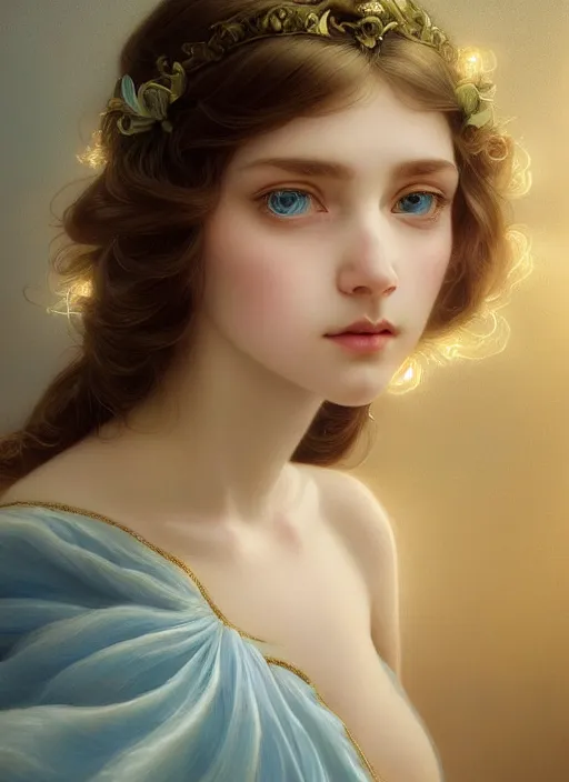 Image similar to Portrait of dreamy and ethereal girl with light blue eyes, peaceful expression, ornate frilly dress, fantasy, intricate, elegant, beautiful, digital art, beautiful dynamic lighting, golden ratio, highly detailed, digital painting, trending on artstation, concept art, smooth, sharp focus, illustration, photo realistic, art by artgerm and greg rutkowski and alphonse mucha and yoji shinkawa, 4K