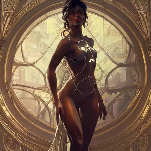 Image similar to full figure ultra realistic illustration, dominique jackson as floronic woman, intricate, elegant, highly detailed, digital painting, artstation, concept art, smooth, sharp focus, illustration, art by artgerm and greg rutkowski and alphonse mucha