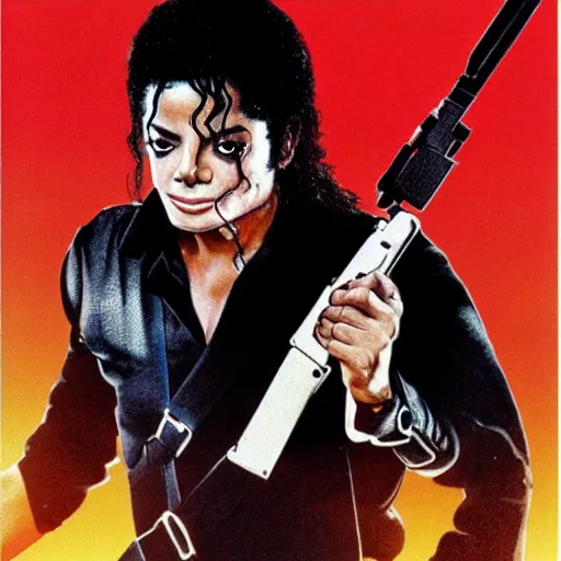 Prompt: michael jackson in rambo movie poster, holding machine gun