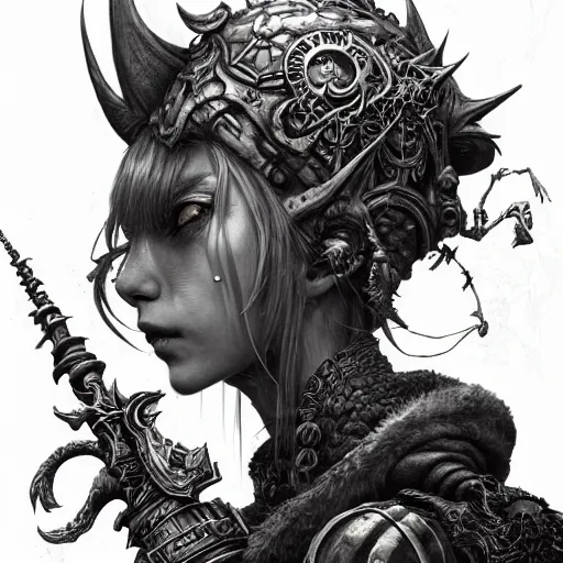 Image similar to prompt: World of Warcraft character portrait drawn Vania Zouravliov and Katsuhiro Otomo and Takato Yamamoto, inspired by Fables, magical and alchemical weapons, 3d render 8k, hyper realistic render, octane render, soft light, intricate detail, photorealistic style, intricate detailed oil painting, detailed illustration, oil painting, painterly feeling, intricate ink painting detail, sharp high detail, manga and anime 2000