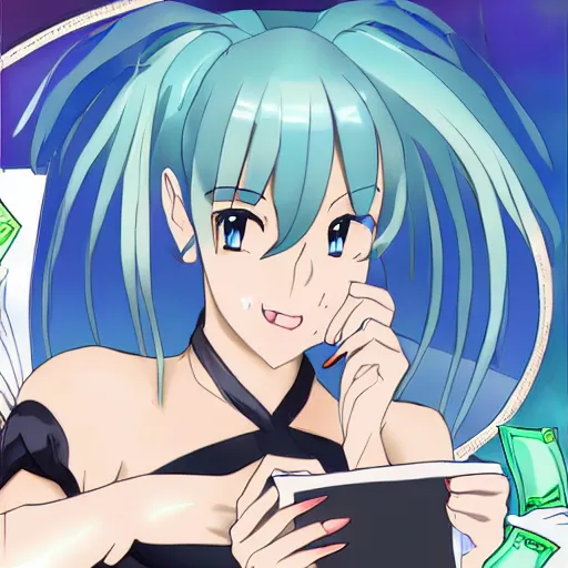 Prompt: Goddess Aqua struggling to do her taxes, trending on pixiv