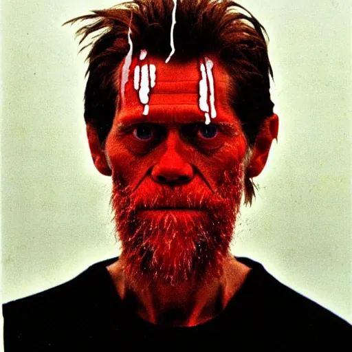 Prompt: portrait of willem dafoe, medium shot. by hermann nitsch and hermann nitsch.