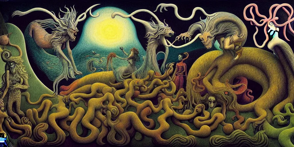 Prompt: mythical creatures and monsters in the imaginal realm of the collective unconscious, in a dark surreal painting by johfra, mc escher and ronny khalil