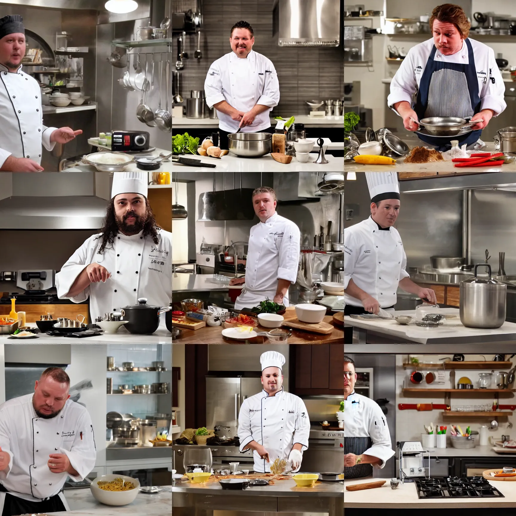 Prompt: chef on tv with drug paraphernalia, powder, aluminum and pots on the counter, still from a cooking show