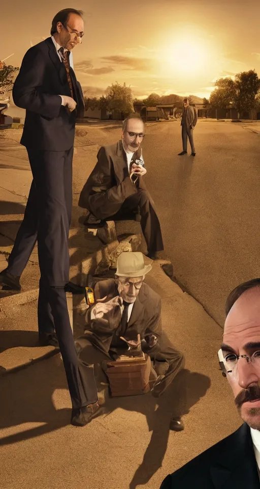 Image similar to saul goodman smoking cigarettes with steve jobs, sepia, in mexico, emmy award winning, with jessie pinkman in the background yelling and angry, sunset, granite sidewalk, movie screenshot, suburban houses in background, gritty, mustache