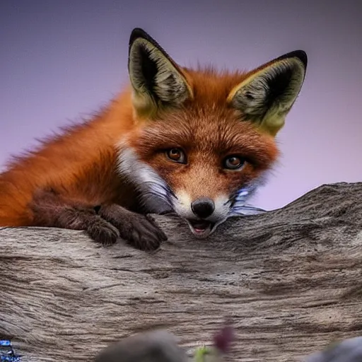 Prompt: a bioluminescent fox cub in the night, wildlife photography, 8 k, highly detailed