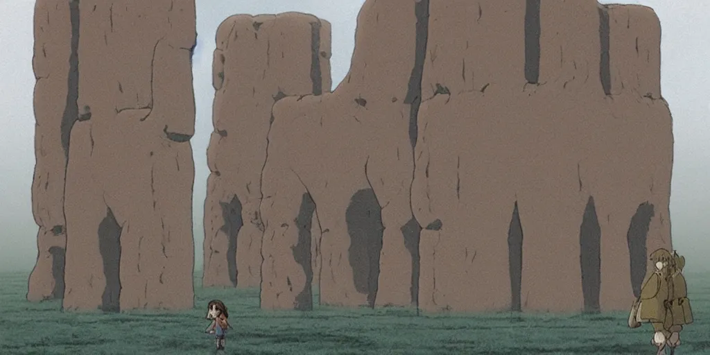 Image similar to a realistic cell - shaded studio ghibli concept art from paprika ( 2 0 0 6 ) of a hairless ape from close encounters of the third kind ( 1 9 7 7 ) in a flooded monument valley stonehenge. very dull colors, wide shot, hd, 4 k, hq