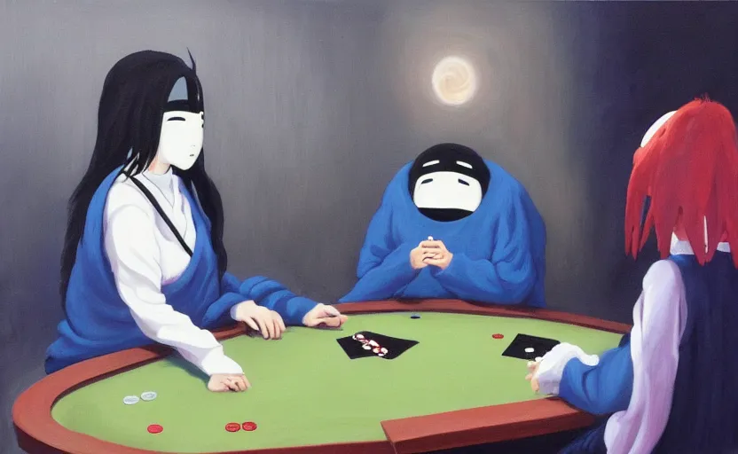 Prompt: no face from spirited away playing poker, oil painting