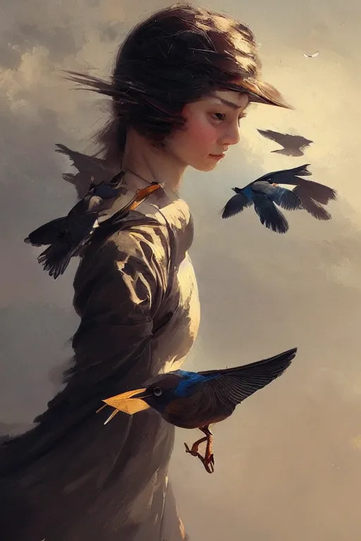 Image similar to birds flying, wings, flock of brown black blue birds, oil painting, sunlit, paint texture, digital painting, highly detailed, artstation, sharp focus, illustration, concept art, ruan jia, charlie bowater, tom bagshaw, norman rockwell