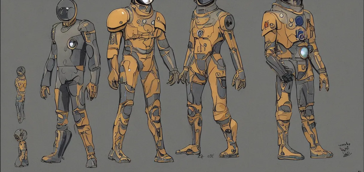 Image similar to male, full body!!!!!!, space suit with a modern helmet, large shoulders, short torso, long thin legs, tiny feet, character sheet, science fiction, very stylized character design, digital painting, by mike mignola, by alex maleev, jean giraud, painted by leyendecker