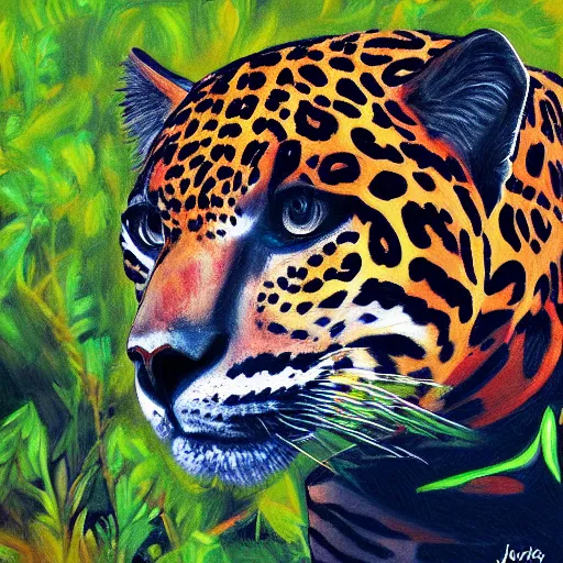 Image similar to painting of a jaguar in the wilderness, realistic, digital art