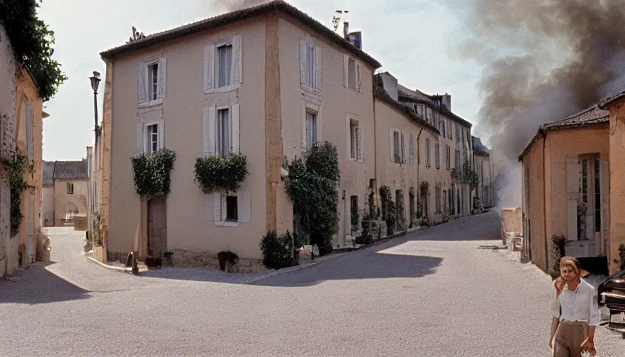 Prompt: 1 9 7 0 s movie still of a french style townhouse who is burning in a small french village, cinestill 8 0 0 t 3 5 mm, heavy grain, high quality, high detail, dramatic light, anamorphic, flares