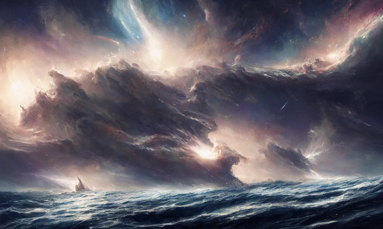 Prompt: a beautiful painting of a ship sailing across a violent tumultuous ocean made up of a galaxies and stars in the space by John Blanche and Greg Rutkowski, trending on Artstation, midjourney