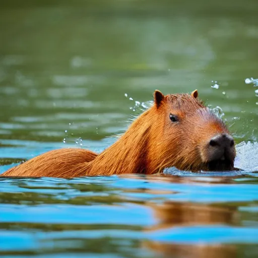 Image similar to candid photograph of a capybara swimming in a lake