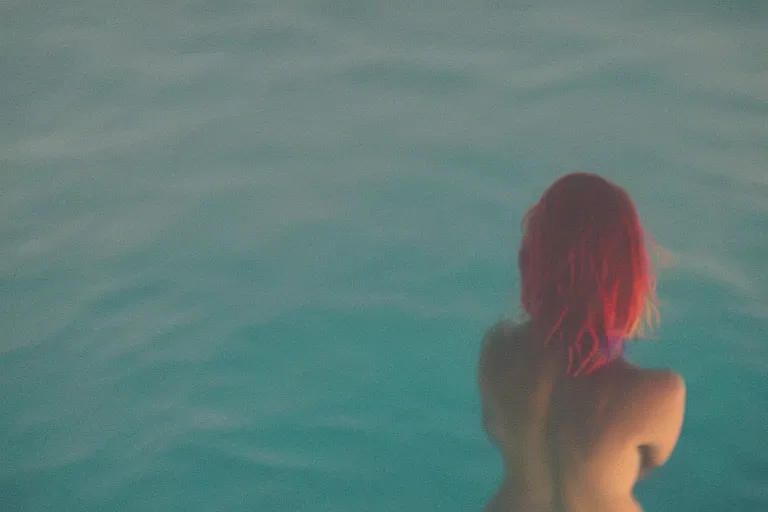 Image similar to colored film photography, tumblr aesthetic, close-up from behind woman swimming in ocean at night, blue light