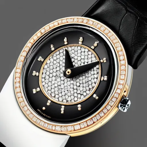 Prompt: van cleef and arpels wristwatch studded with emeralds and rubies on a matte black background wide angle detailed watch hands chinese numerals