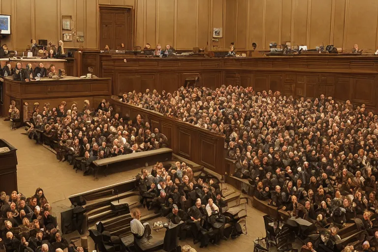 Image similar to a mouse as a judge in the courtroom with crowd of people, dramatic shot, wide angle hypermaximalistic, high details, cinematic, 8k resolution, beautiful detailed, insanely intricate details, artstation trending, octane render, unreal engine