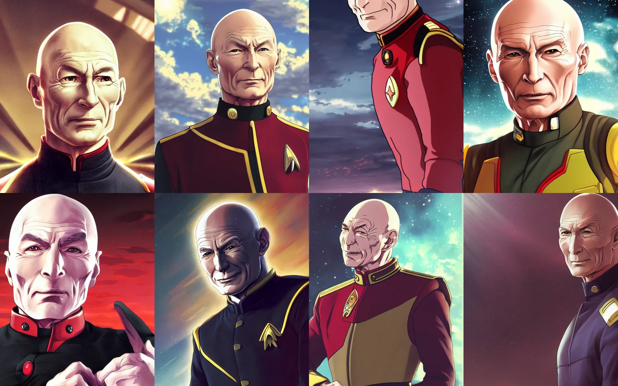 Prompt: Digital anime art by WLOP and Mobius, Closeup of [Captain Picard] wearing the TNG uniform, serious expression, [[empty warehouse]] background, highly detailed, spotlight