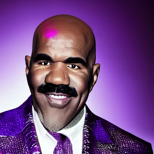 Image similar to closeup portrait of an ethereal steve harvey made of purple light, divine, cyberspace, mysterious, dark high-contrast concept art