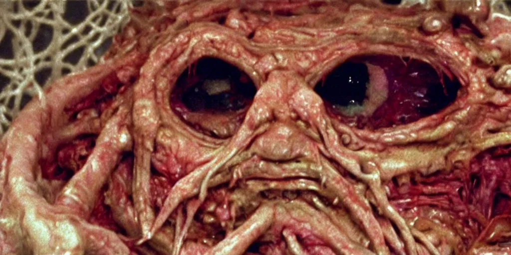 Image similar to filmic close up dutch angle movie still 35mm film color photograph of the snarling distorted human face of a mutated shape shifting organism made of human internal organs, disgusting dissected human tissue with a variety of grotesquely strewn together human and animal limbs, in the style of a horror film The Thing 1982