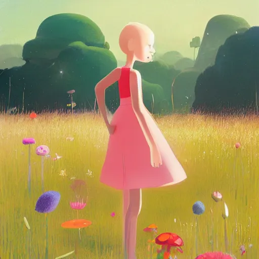 Prompt: organic by goro fujita. a digital art of a young girl with blonde hair, blue eyes, & a pink dress. she is standing in a meadow with flowers & trees.
